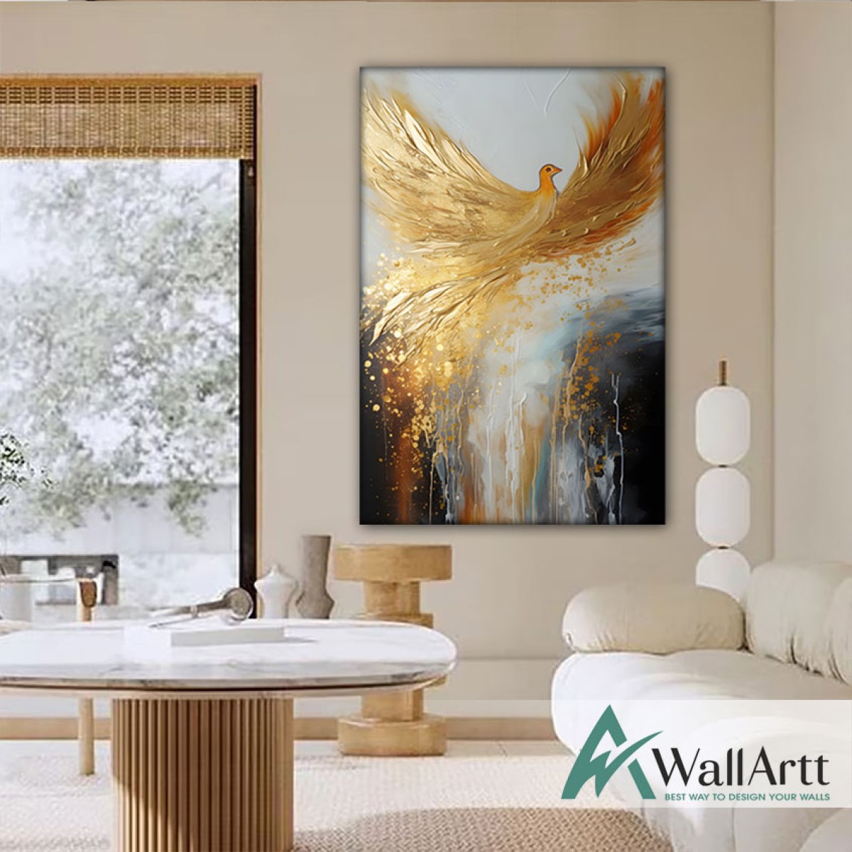 Bird with Gold Foil 3D Heavy Textured Partial Oil Painting - Wall Art